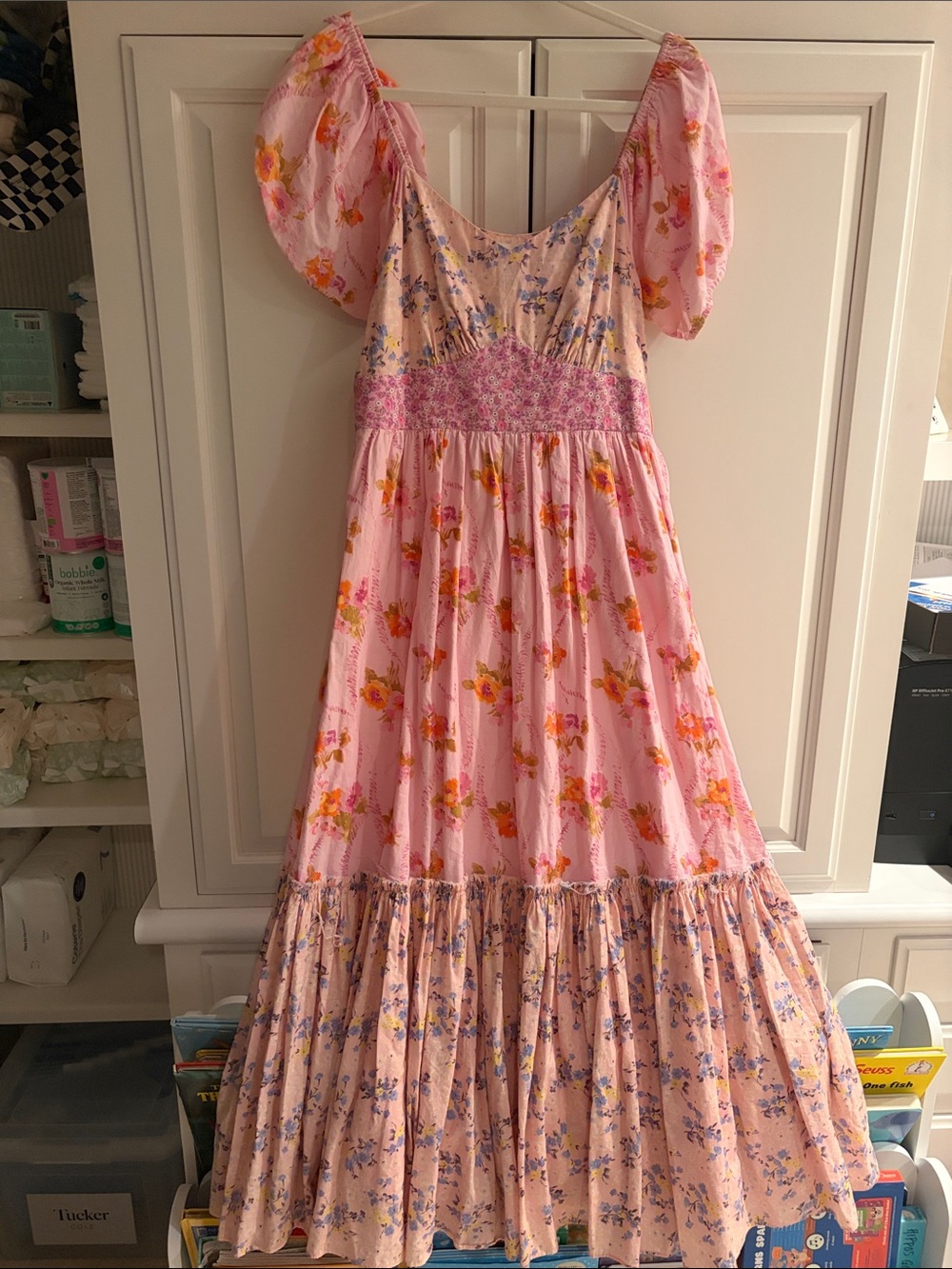 LoveShackFancy Pink Floral Puff-Sleeve Maxi Dress